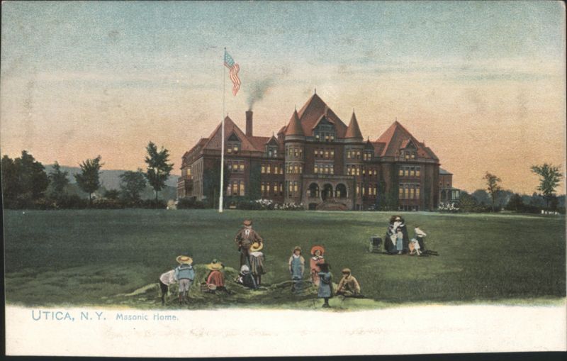 Utica N.Y. Masonic Home with People on Lawn New York