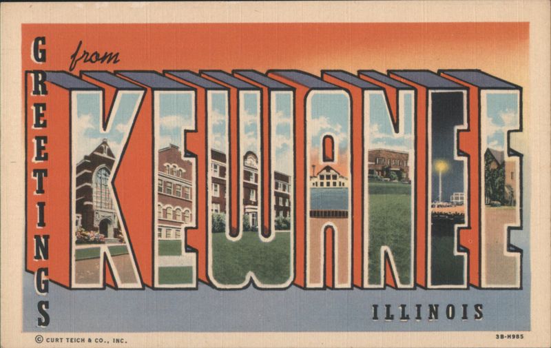 Greetings from Kewanee Illinois Block Letters Scenes