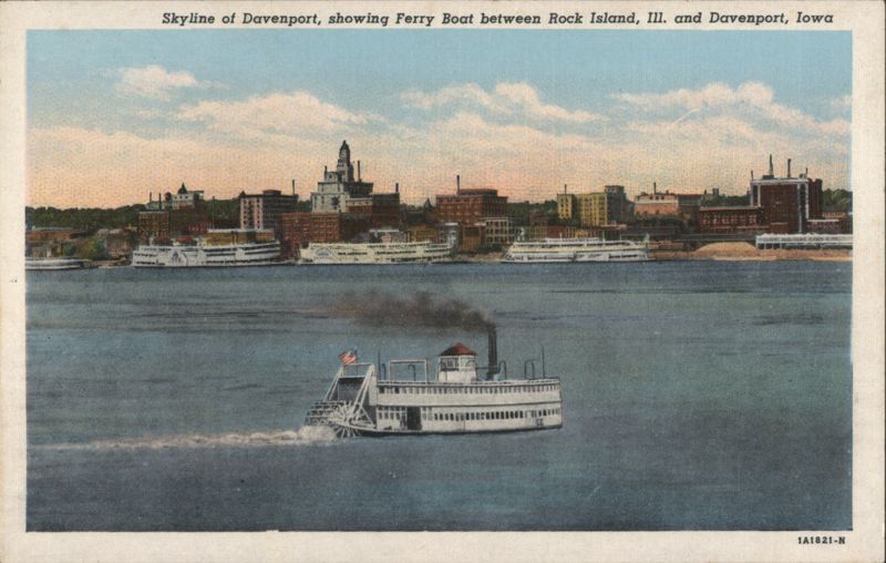 Davenport IA Skyline, Ferry Boat to Rock Island IL Iowa