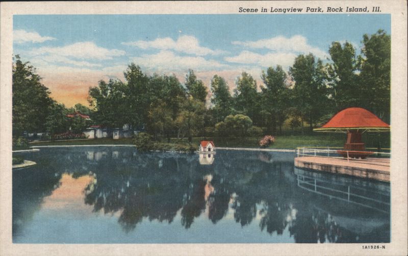 Longview Park Pond, Red Gazebo, Rock Island, IL Illinois
