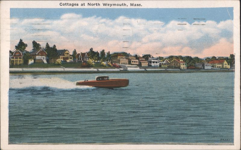 Cottages & Speed Boat on Water, North Weymouth Massachusetts