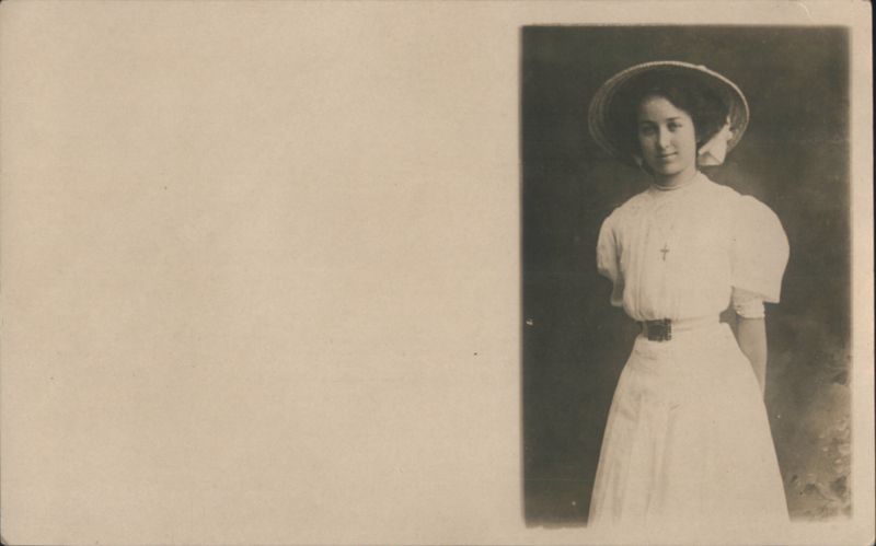 Young Woman in White Dress and Straw Hat Women