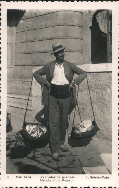 Malaga Fishmonger with Yoke & Baskets of Fish Spain