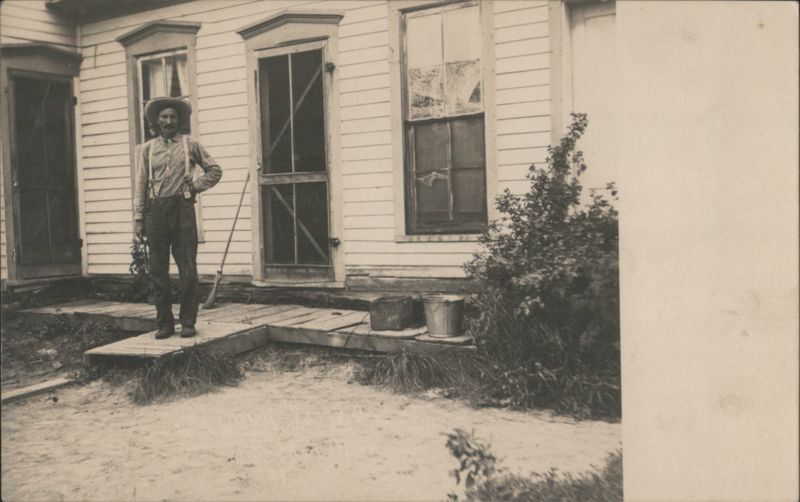 Man in Hat & Suspenders on Porch of White House Men