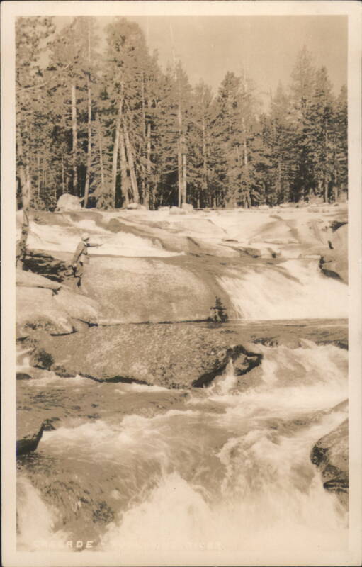 Cascade Waterfall, Forest, Figure on Rocks, Tuolumne River California