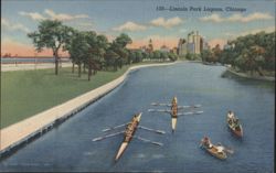 Lincoln Park Lagoon, Chicago, Rowboats & City Postcard