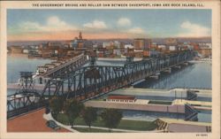 Government Bridge & Roller Dam - Davenport, IA & Rock Island, IL Postcard
