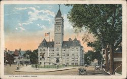 City Hall with Clock Tower & Fountain, Lowell Postcard