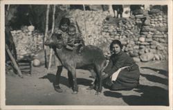 Child on Goat with Two Women, Rural Scene Postcard