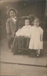 Three Children Portrait Boy Hat Baby Girl White Dresses Postcard