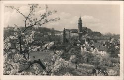Č. Krumlov Cityscape with Blooming Trees Postcard