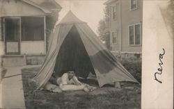 Man in Tent in Yard Postcard
