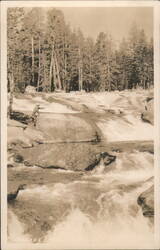 Cascade Waterfall, Forest, Figure on Rocks, Tuolumne River Postcard