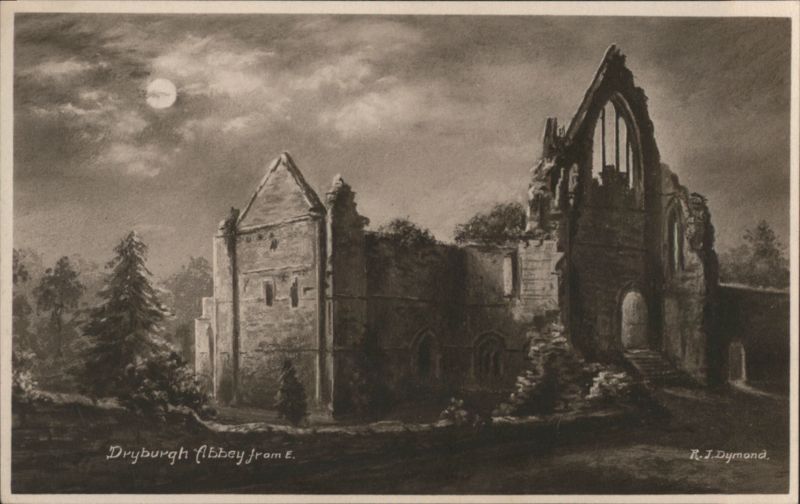 Dryburgh Abbey from E. with Moon Scotland R.J. Dymond