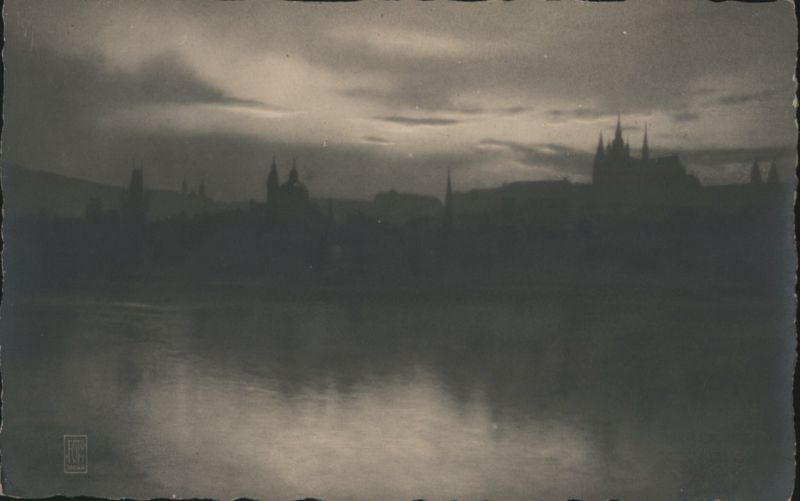Prague Skyline at Dusk, Vltava River Reflection Czechoslovakia