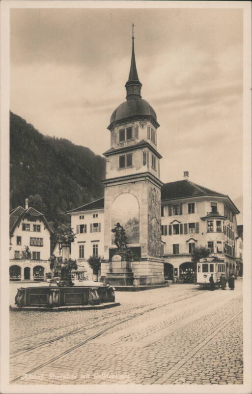 Altdorf Dorfplatz with William Tell Monument and Tram Switzerland