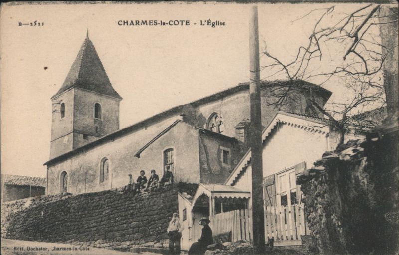 Charmes-la-Côte L'Église with People and Stone Wall France