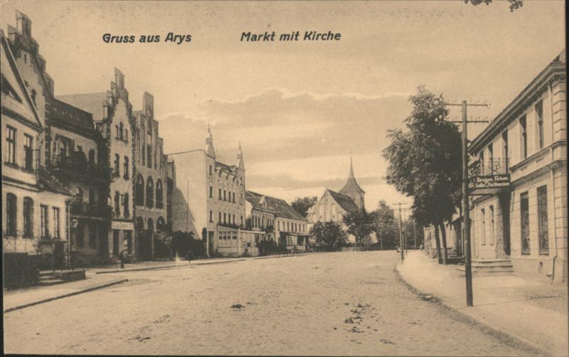 Gruss aus Arys Markt mit Kirche Poland Eastern Europe
