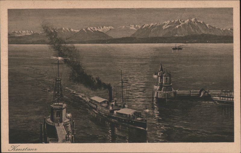 Konstanz Harbor with Steamboat and Alps Germany