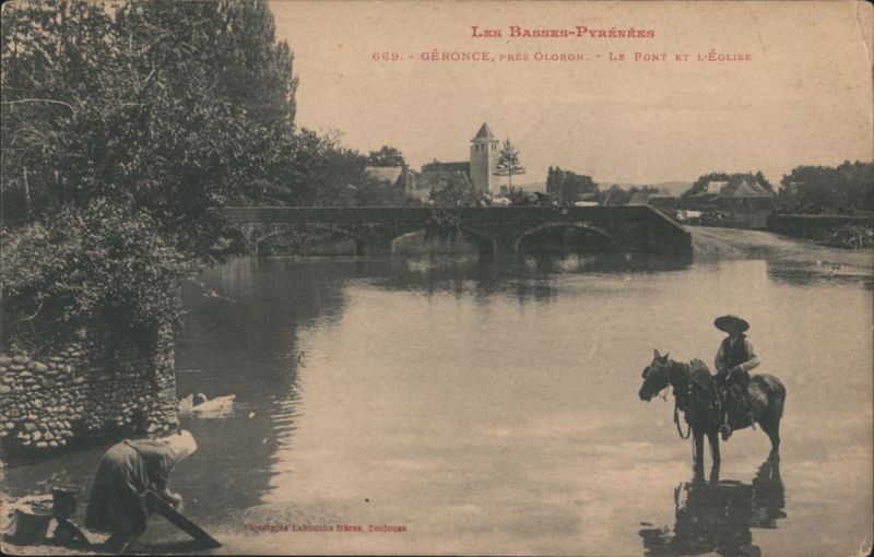 GÉRONCE, Bridge & Church, Washerwoman, Horseman, River Géronce France