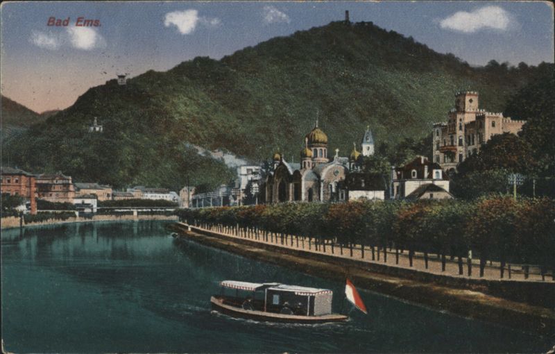 Bad Ems River View with Boat & Mountain Castle Germany