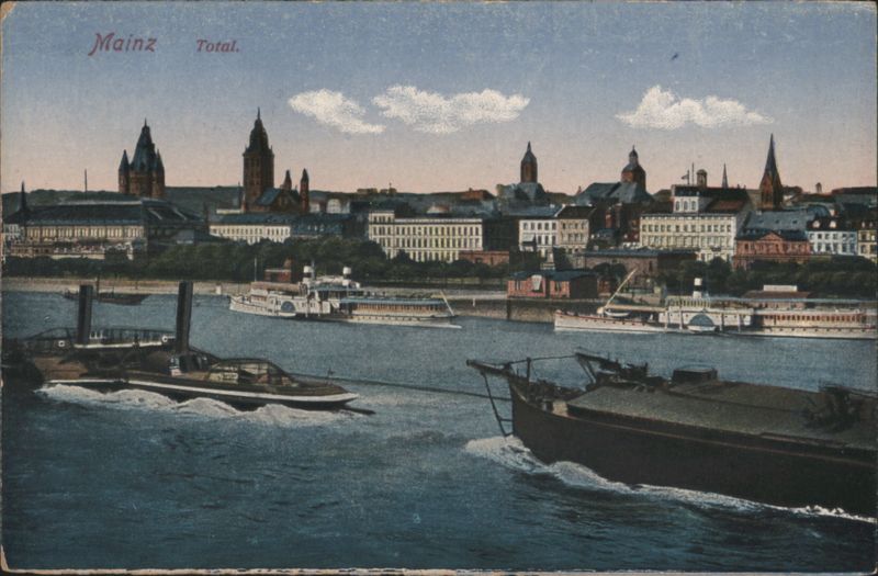 Mainz Total. River Scene with Boats and City Skyline Germany
