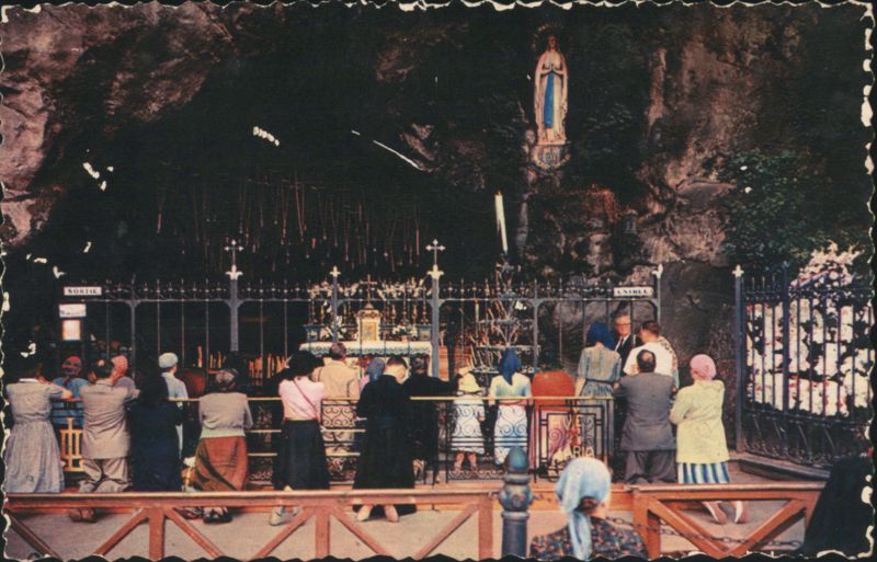 Lourdes Grotto with Praying Pilgrims & Virgin Mary Statue France