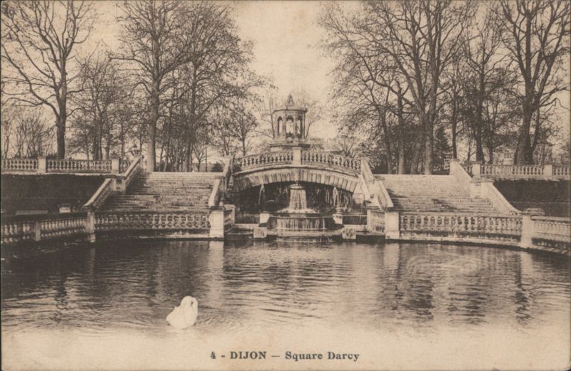 Dijon - Square Darcy Fountain, Bridge, and Swan France