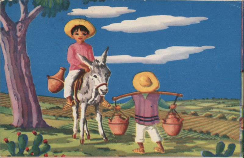 Typical Mexican Motive: Children, Donkey, Water Buckets Mexico