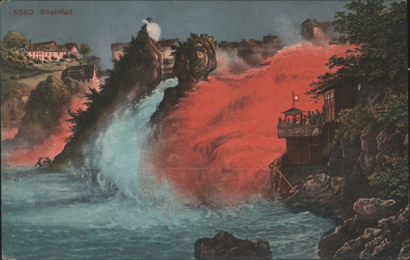 Rheinfall Illuminated Red Glow Schaffhausen Switzerland