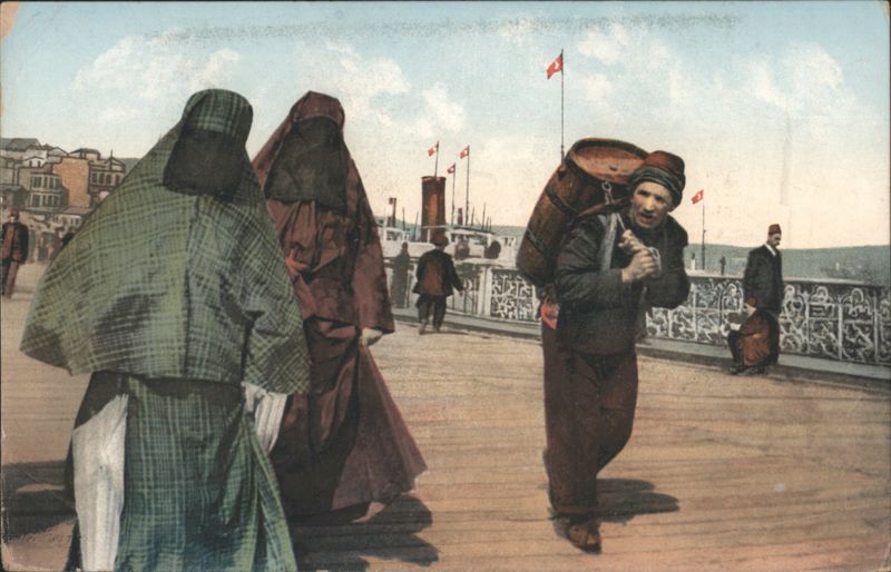 Turkish Women & Man with Barrel Constantinople Turkey