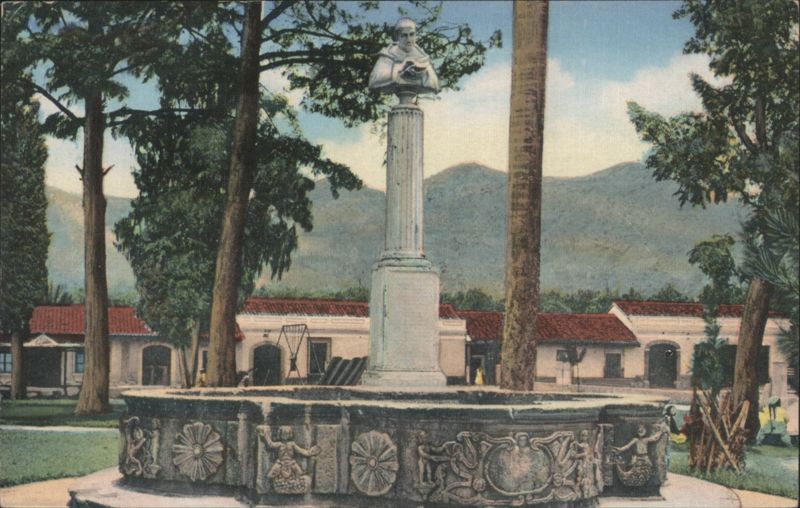 Fountain with Bust on Column, Trees, Mountains Antigua Guatemala