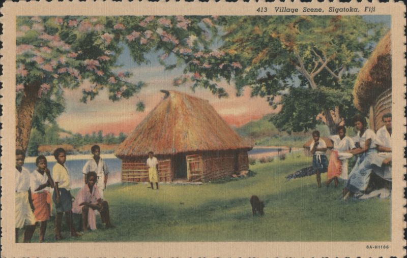 Village Scene with Thatched Hut & People Sigatoka Fiji