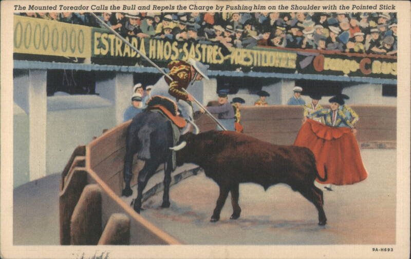 Mounted Toreador Calls Bull, Repels Charge with Pointed Stick Mexico