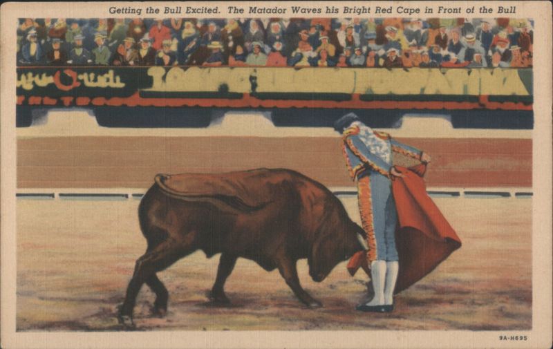 Matador Waves Bright Red Cape, Exciting Bull in Bullring Mexico