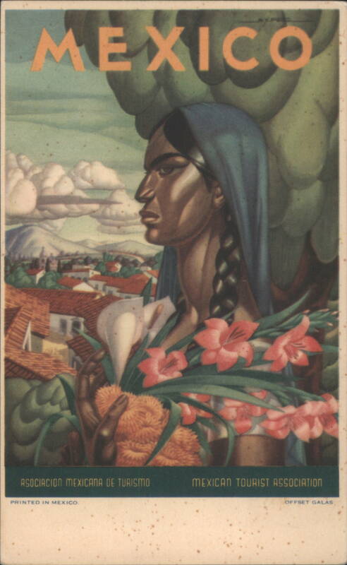 Mexico Woman with Flowers, Mexican Tourist Association Art Monterrey