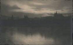 Prague Skyline at Dusk, Vltava River Reflection Postcard