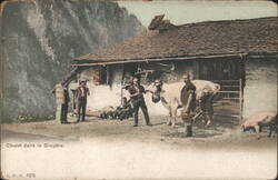 Chalet in Gruyère with Men, Cow, and Pig Postcard