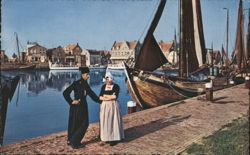 Volendam Traditional Attire, Dutch Canal Boats Postcard