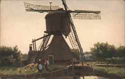 Windmill with Figures, Traditional Attire Postcard