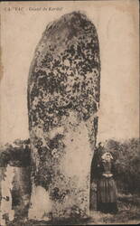 Carnac - Géant de Kerdef Menhir with Woman Postcard