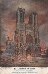 Reims Cathedral Burning, WWI Postcard