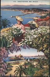 Souvenir de Nice, Women with Flowers & City Views Postcard