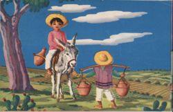 Typical Mexican Motive: Children, Donkey, Water Buckets Postcard