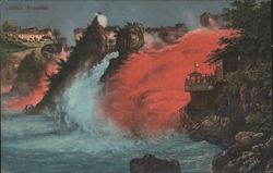 Rheinfall Illuminated Red Glow Postcard