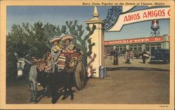 Burro Carts with Women, Adios Amigos Archway, Tijuana Postcard