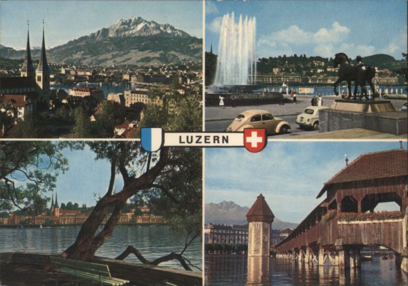 Lucerne Collage: Pilatus, Wagenbachbrunnen, Inseli, Kapellbrücke Switzerland