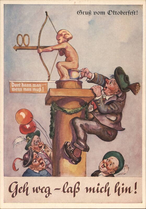 Oktoberfest Cartoon: Geh weg - laß mich hin! Cupid, Beer Munich Germany