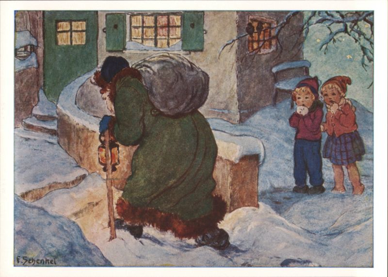 Saint Nicholas with Sack and Lantern, Children in Snow