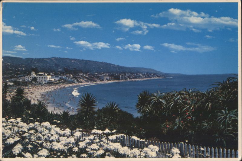 Laguna Beach, CA - Flowerbeds Framing Crowded Beach California